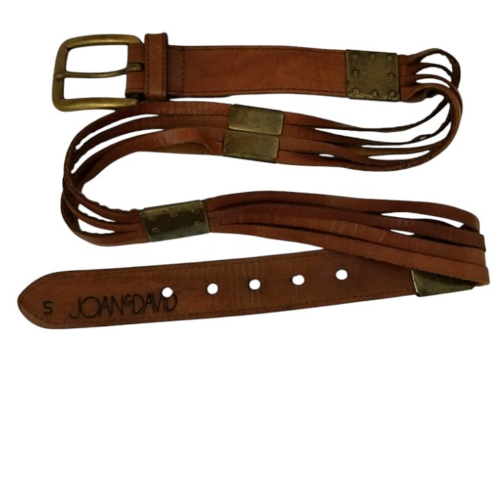 Joan & David Brown Leather Belt Square Brass Embellishments, Split Leather, Sz S
